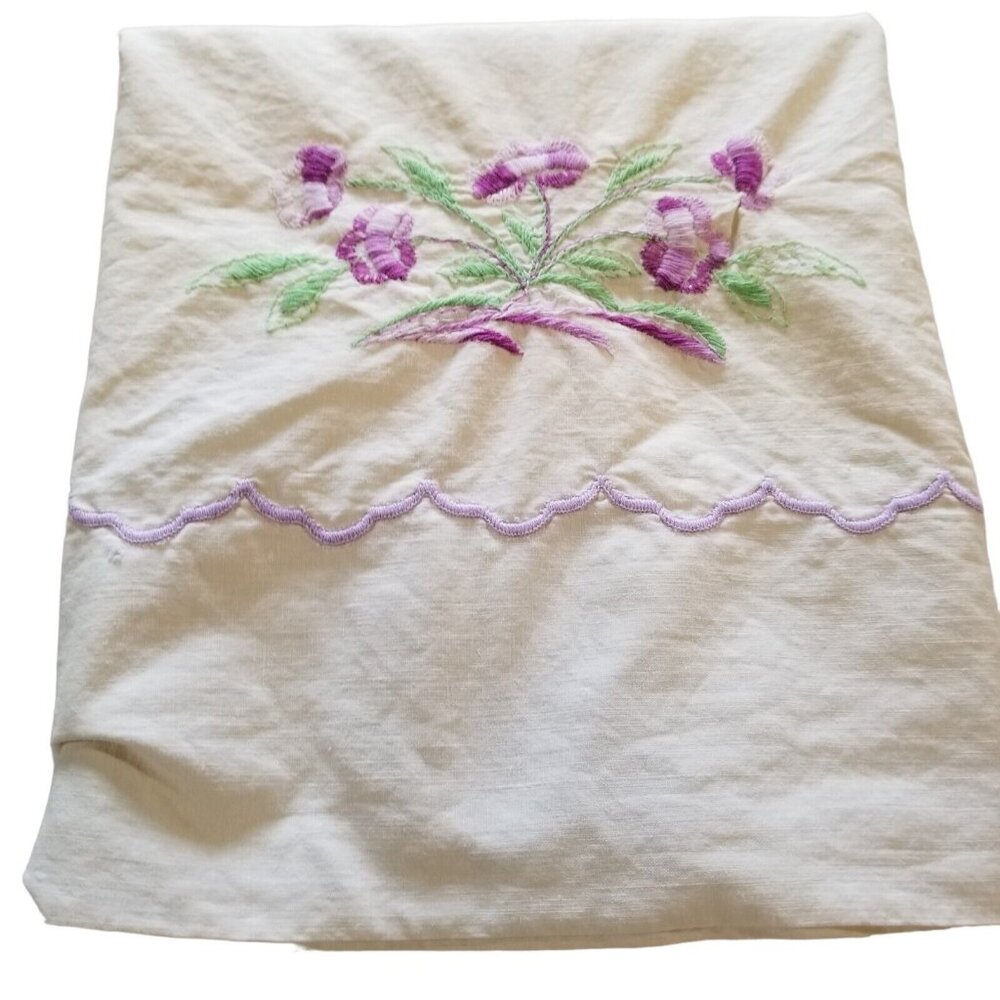 Pillowcases Embroidered Purple Floral Standard Size Vintage Off White‎